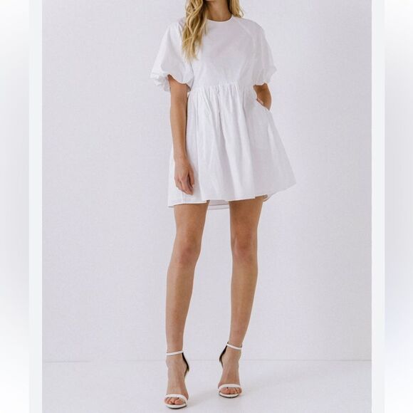 English Factory White Baby doll Mini Puff Sleeve White Dress(Size Large) - Picture 4 of 11